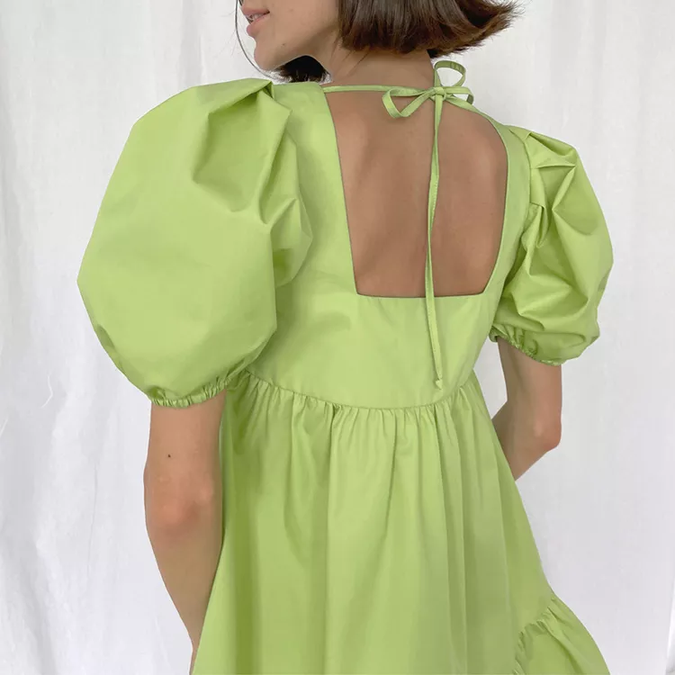 French New Trendy 2022 Sweet Pink Green Square Collar Puff Sleeve Vestidos Backless Solid Color Summer Mini Cotton Dresses