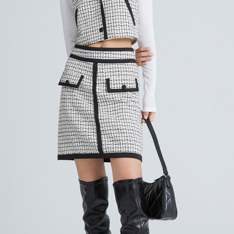 Trendy Fashion Women Clothes Tweed Plaid Contrast Trim A-line Skirt Woolen Straight Skirt